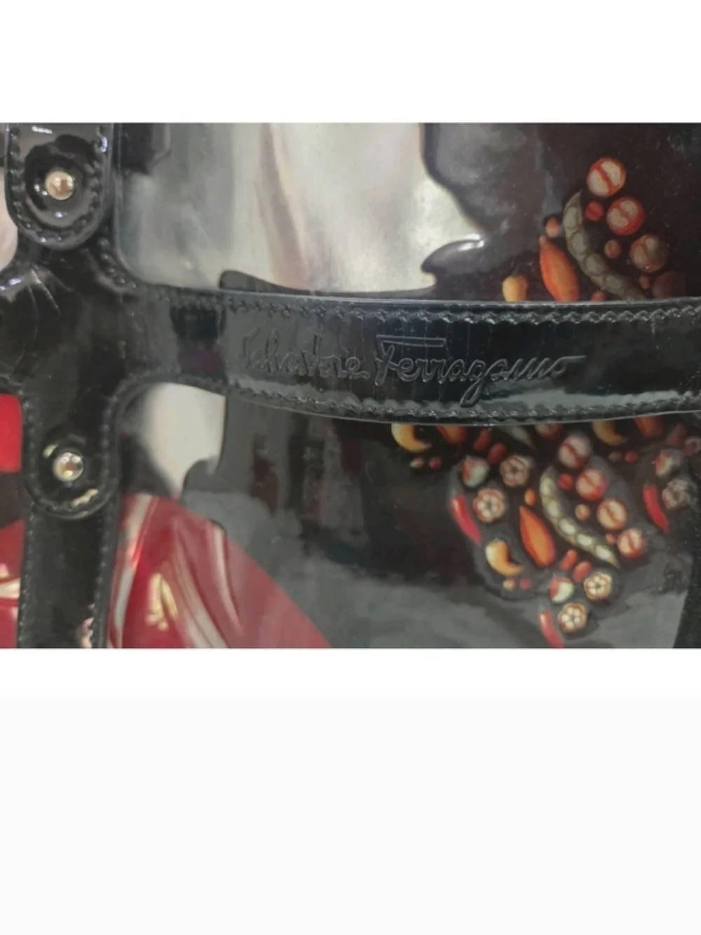 Salvatore Ferragamo Black Patent Floral Patchwork Tote - Picture 2 of 7